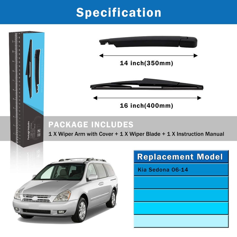 WTI Rear Wiper Arm Blade Set Compatible With Kia Sedona 2006-2014 minivan Rear Windshield Window Wiper Kits Assembly New Replacement Accessories Parts Fit 988104D001 - Image 5